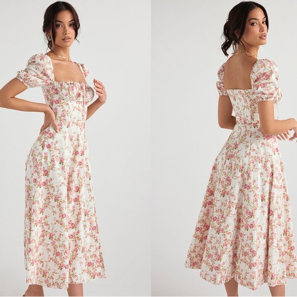 HOUSE OF CB 'Tallulah' Rose Print Puff Sleeve Midi Sundress NWOT - Picture 2 of 5